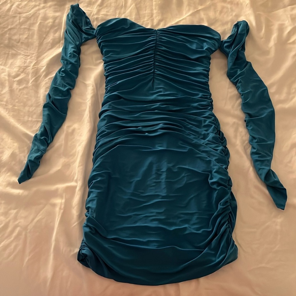 Club L London Rugged Mini Dress. Blue Worn once. Size 4. Shoulderless w sleeves.